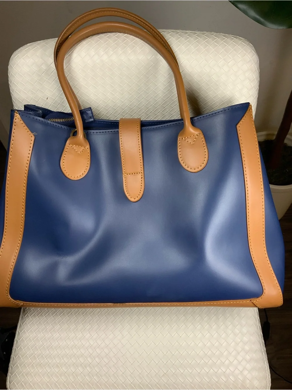 Chiara Ferretti Navy and Tan Leather Tote with Gold Hardware